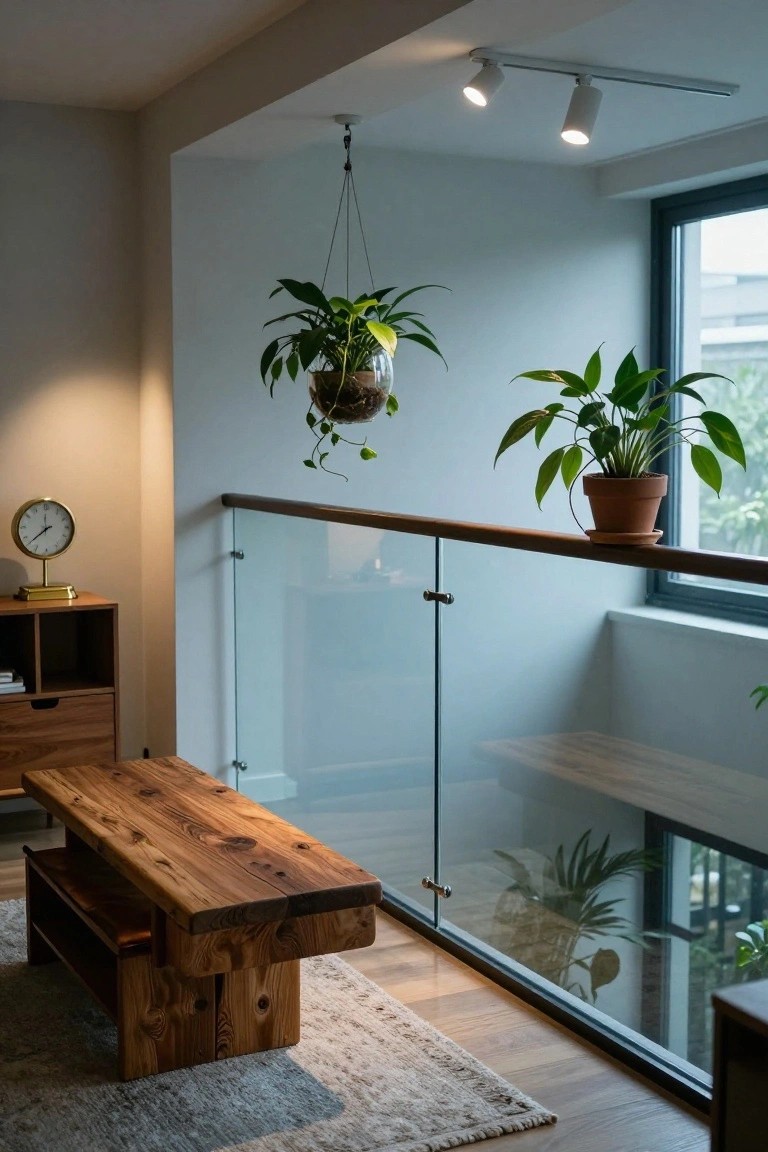 A rustic wooden bench rests on a woven rug beside a glass railing, with hanging and potted plants nearby in a bright interior.