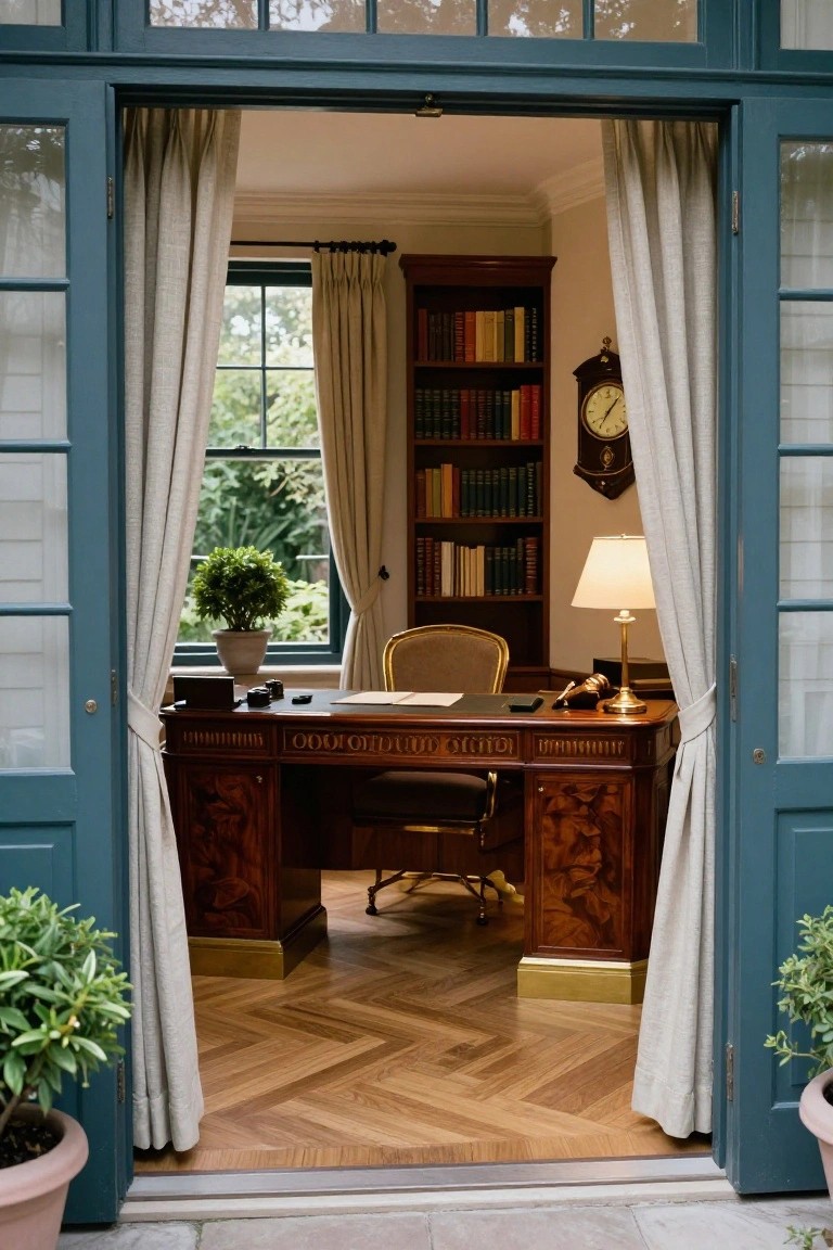 A view through open blue double doors with beige curtains into a traditional executive office featuring a large wooden desk, leather chair, and built-in bookshelf.