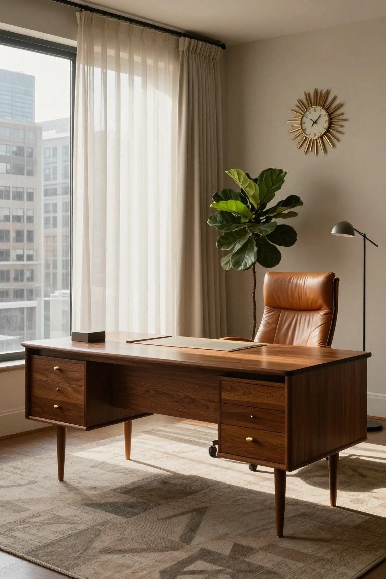 A wooden executive desk with multiple drawers and a brown leather office chair placed in front of a large window with sheer curtains, next to a potted fiddle leaf fig tree.