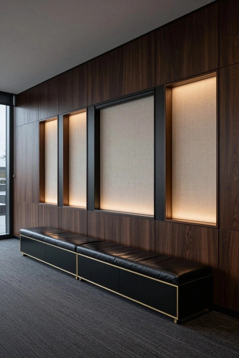 A modern office interior with dark wood wall paneling featuring multiple backlit recessed niches and a long black leather bench with gold trim below them.