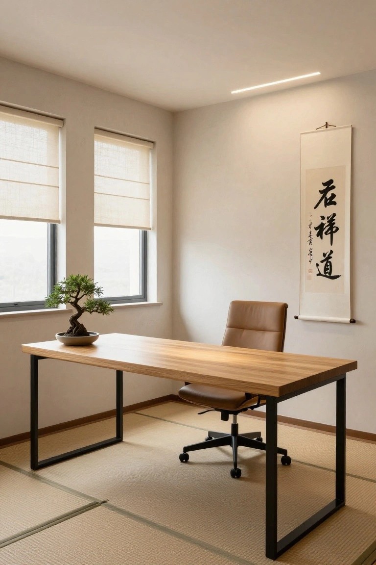 A minimalist office with a wooden desk on black metal legs, a brown leather chair, a bonsai tree on the desk, two windows with blinds, and a hanging calligraphy scroll, all set on tatami mats.