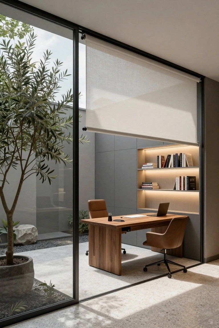 A modern home office with a wooden desk, two brown leather chairs, and illuminated built-in bookshelves, featuring a large glass door with a white roller shade partially lowered that opens to an outdoor garden with a potted tree.