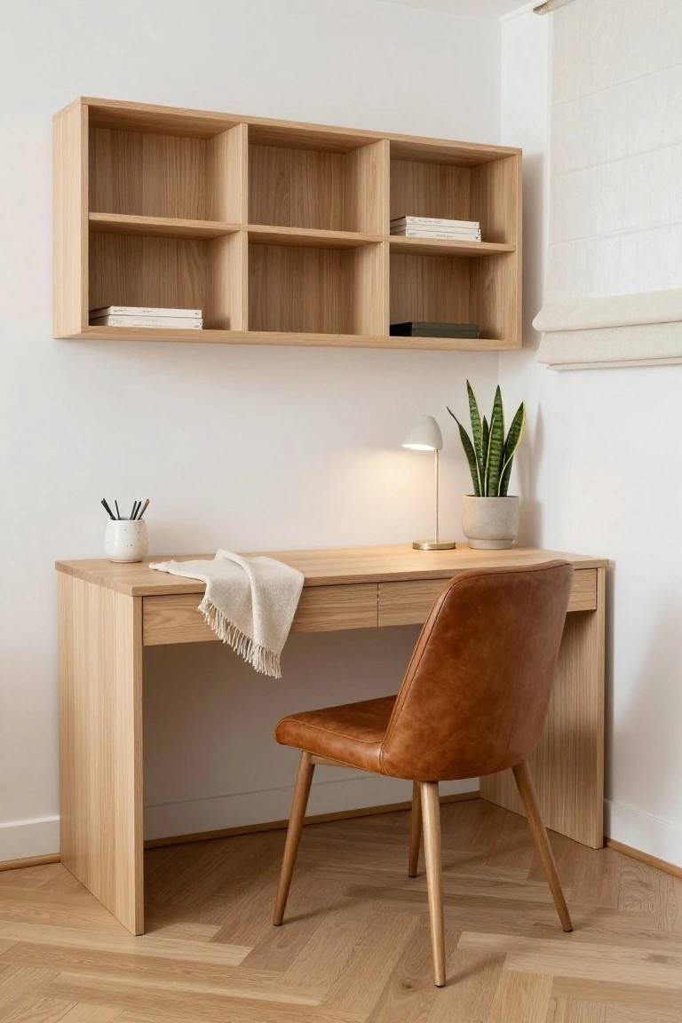 A light wood desk with a brown leather chair sits beneath a wall-mounted wooden shelf unit in a minimalist home office.