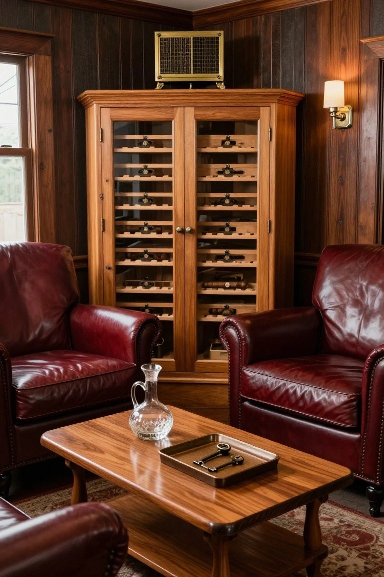 Two red leather armchairs flank a tall wooden wine cabinet with glass doors in a dark wood-paneled room.