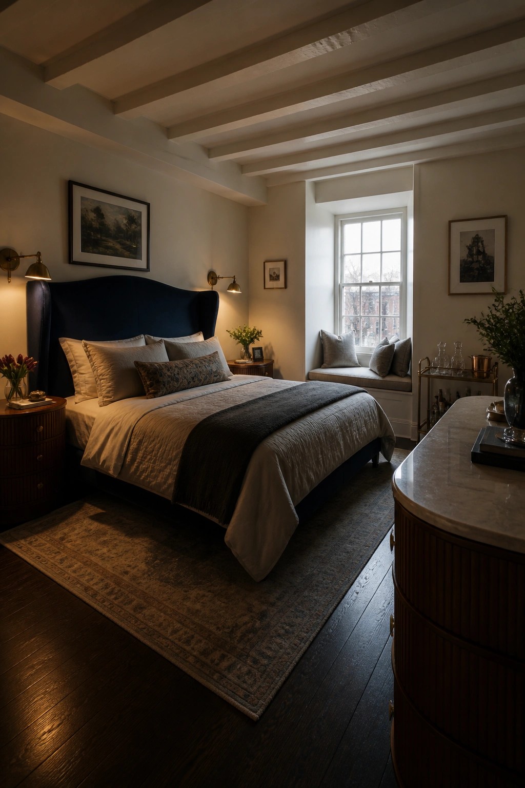 A bedroom featuring a large bed with a navy upholstered headboard, neutral layered bedding, dark wood nightstands, wall sconces, and a window seat beneath a bright window.