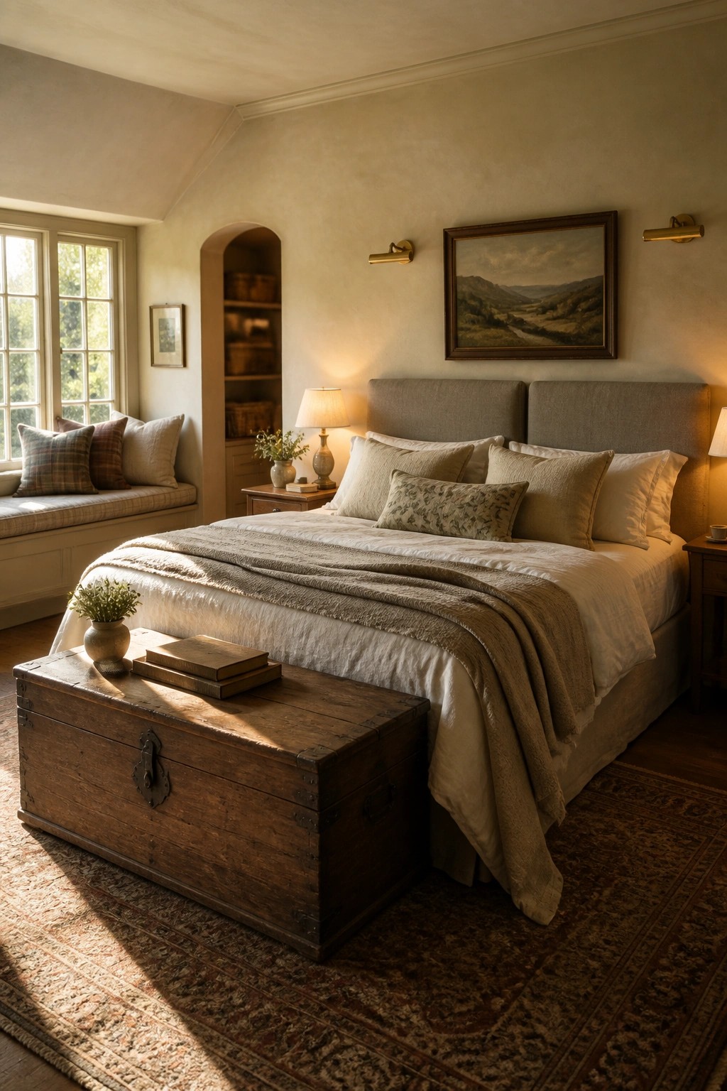 A calm bedroom with a large bed in neutral linens, a wooden chest at the foot of the bed holding books and a plant, a window seat on the left, and soft natural light.