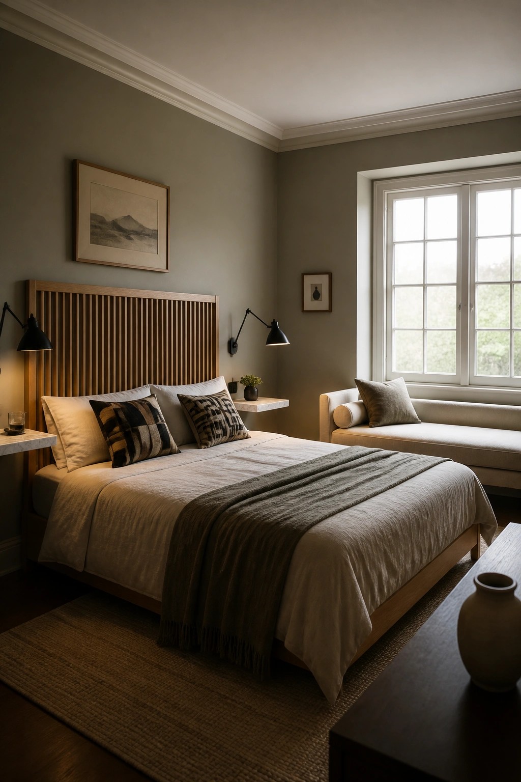 A bedroom with a large wooden slatted headboard, neutral bedding, wall-mounted black sconces, and a window seat beside a multi-paned window.