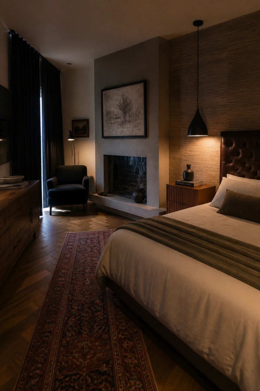 A bedroom with a large bed facing a concrete fireplace that has a framed artwork above it and a wooden nightstand to one side.