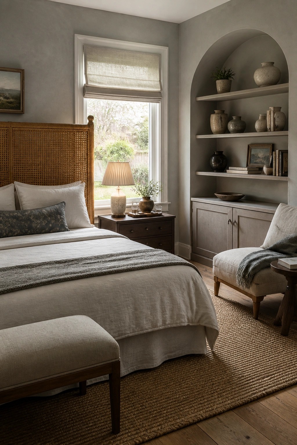 A bedroom with a bed, nightstand, and a large arched built-in shelving unit holding ceramic vases, books, and small framed items above cabinet doors.