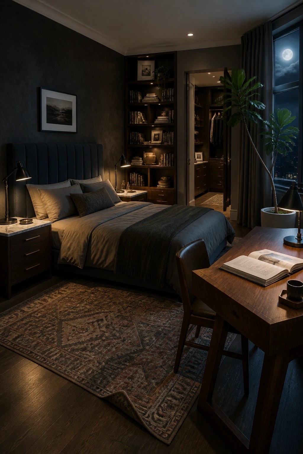 A bedroom with a bed centered in front of built-in bookshelves, a wooden desk in the foreground, and an open doorway showing a closet.