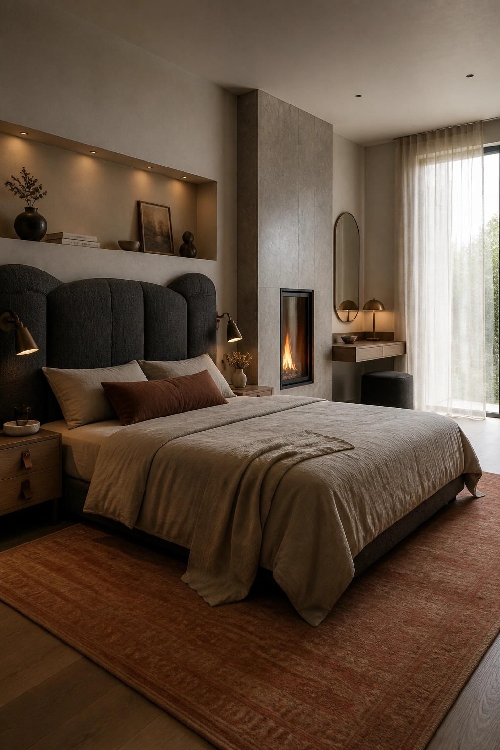 A modern bedroom with a large bed dressed in neutral linens, a dark upholstered headboard, and a built-in fireplace set into a concrete wall.