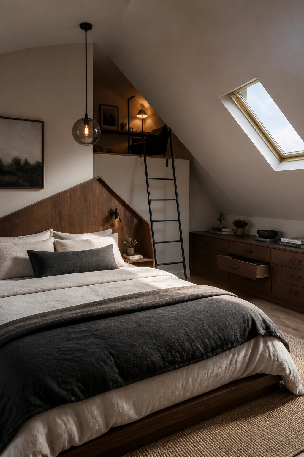 Cozy attic bedroom with wooden bed, dark linens, ladder to loft, and skylight.