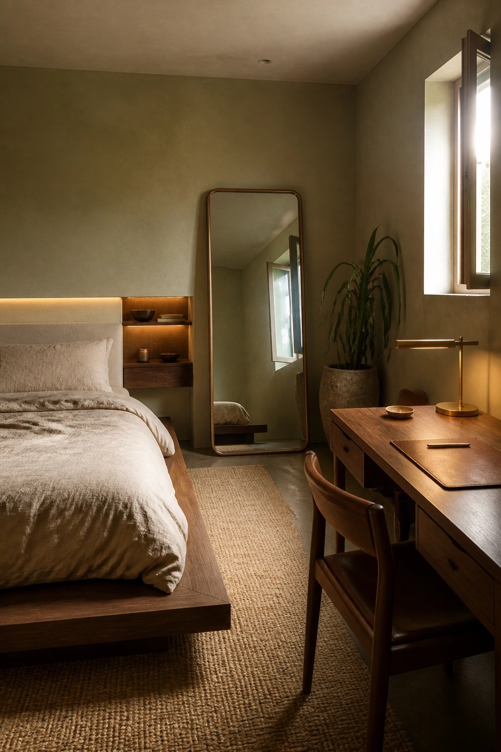 Minimalist bedroom with wooden bed, tall mirror, desk, potted plant, and woven rug.