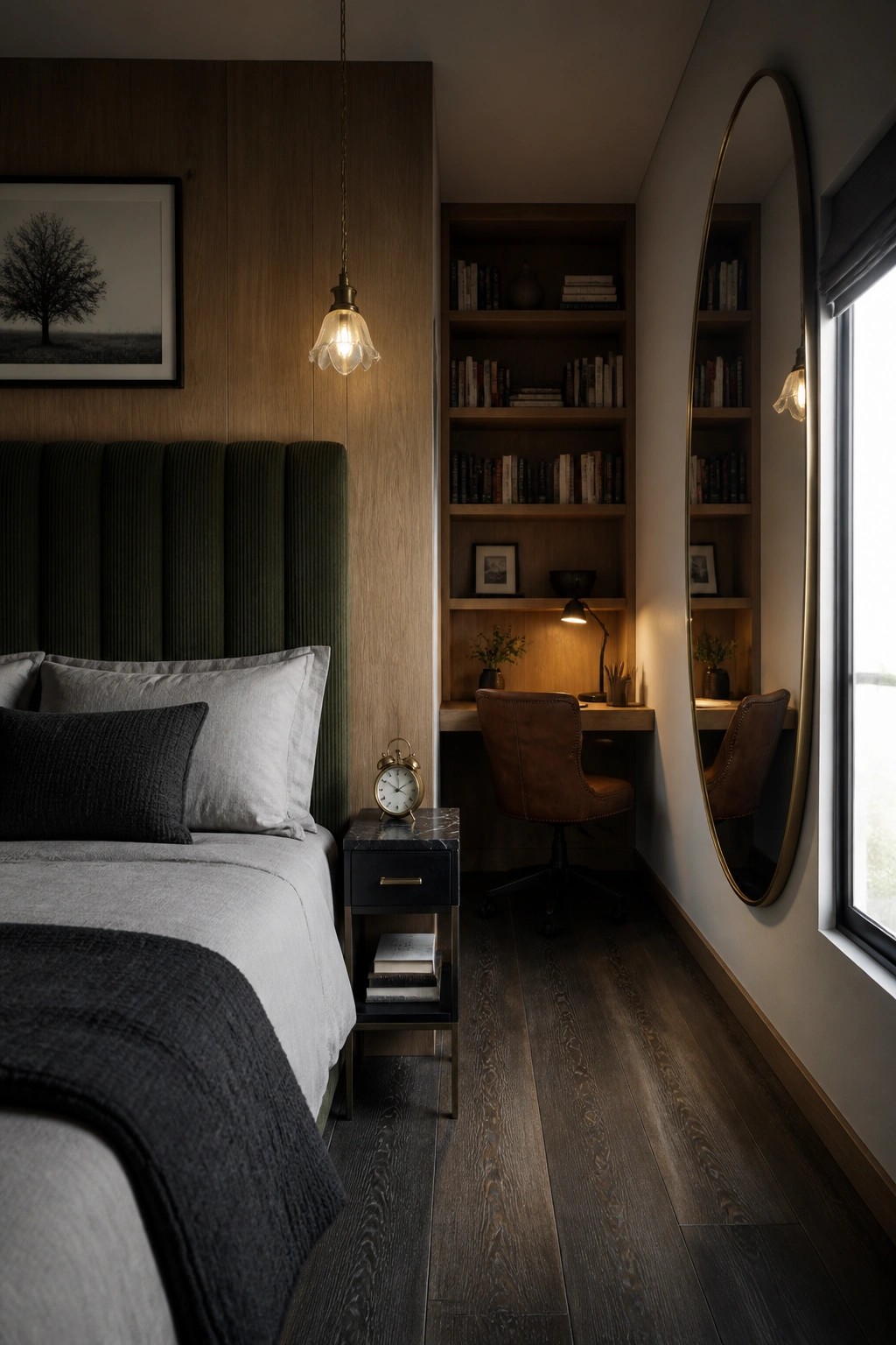 A bedroom interior with a large built-in wooden bookshelf and desk area beside a bed with a green upholstered headboard, showing books, a brown leather chair, and warm pendant lighting.