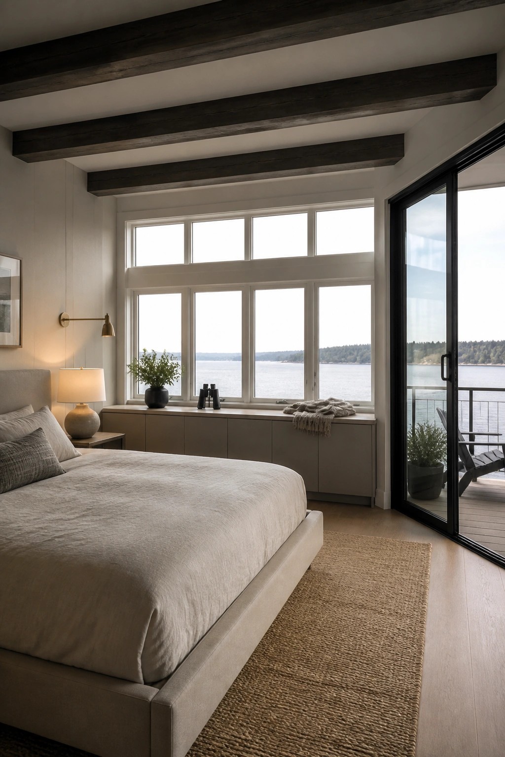 A bedroom with a large bed dressed in neutral linens, a built-in window seat with storage below multi-paned windows, and a sliding glass door opening to a balcony overlooking the water.