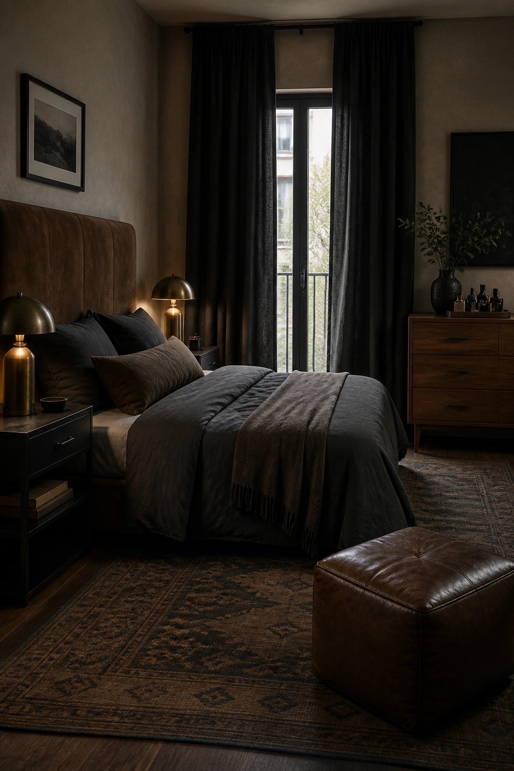 A bedroom with a large bed covered in dark gray bedding and pillows, dark floor-length curtains over a window, brass lamps on wooden nightstands, a brown leather ottoman on a patterned rug, and a wooden dresser against the wall.