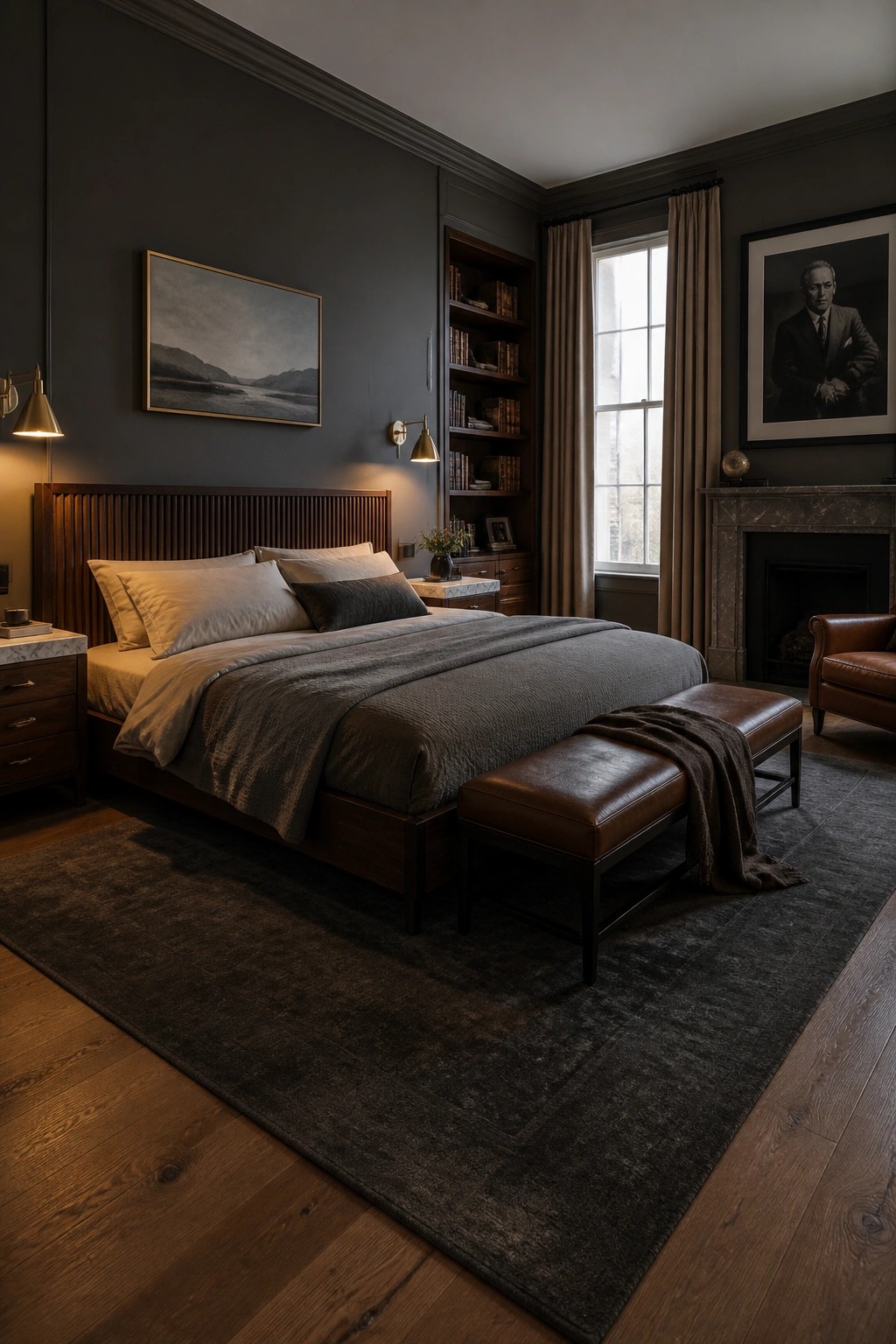 A bedroom with dark gray walls, a wooden bed with white and gray bedding, a brown leather bench at the foot, built-in bookshelves, and a fireplace on the right.