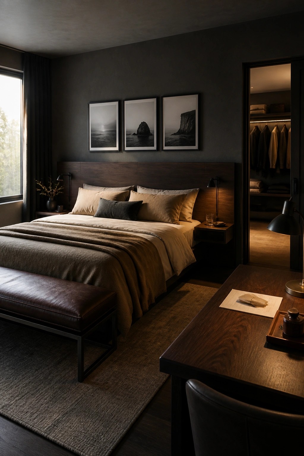 A bedroom with dark walls, a large bed with neutral bedding, three framed black and white photos above the headboard, and a wooden desk in the foreground.