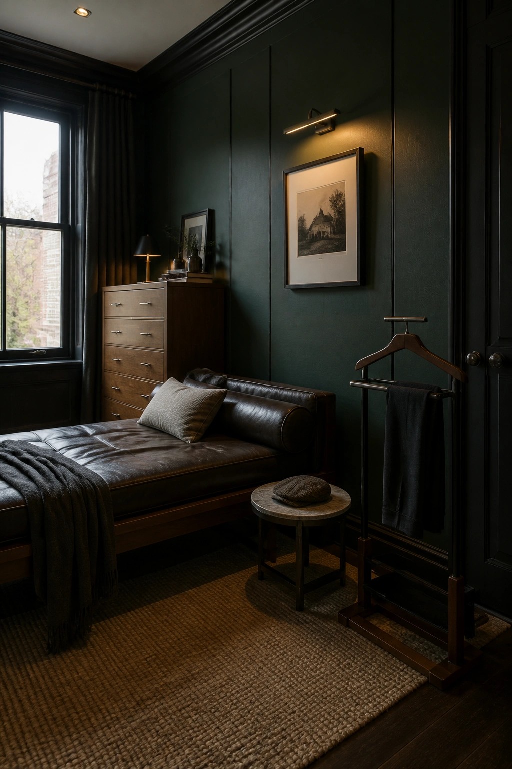 A bedroom with dark green walls, a brown leather daybed, wooden chest of drawers, and a wooden valet stand holding a shirt.