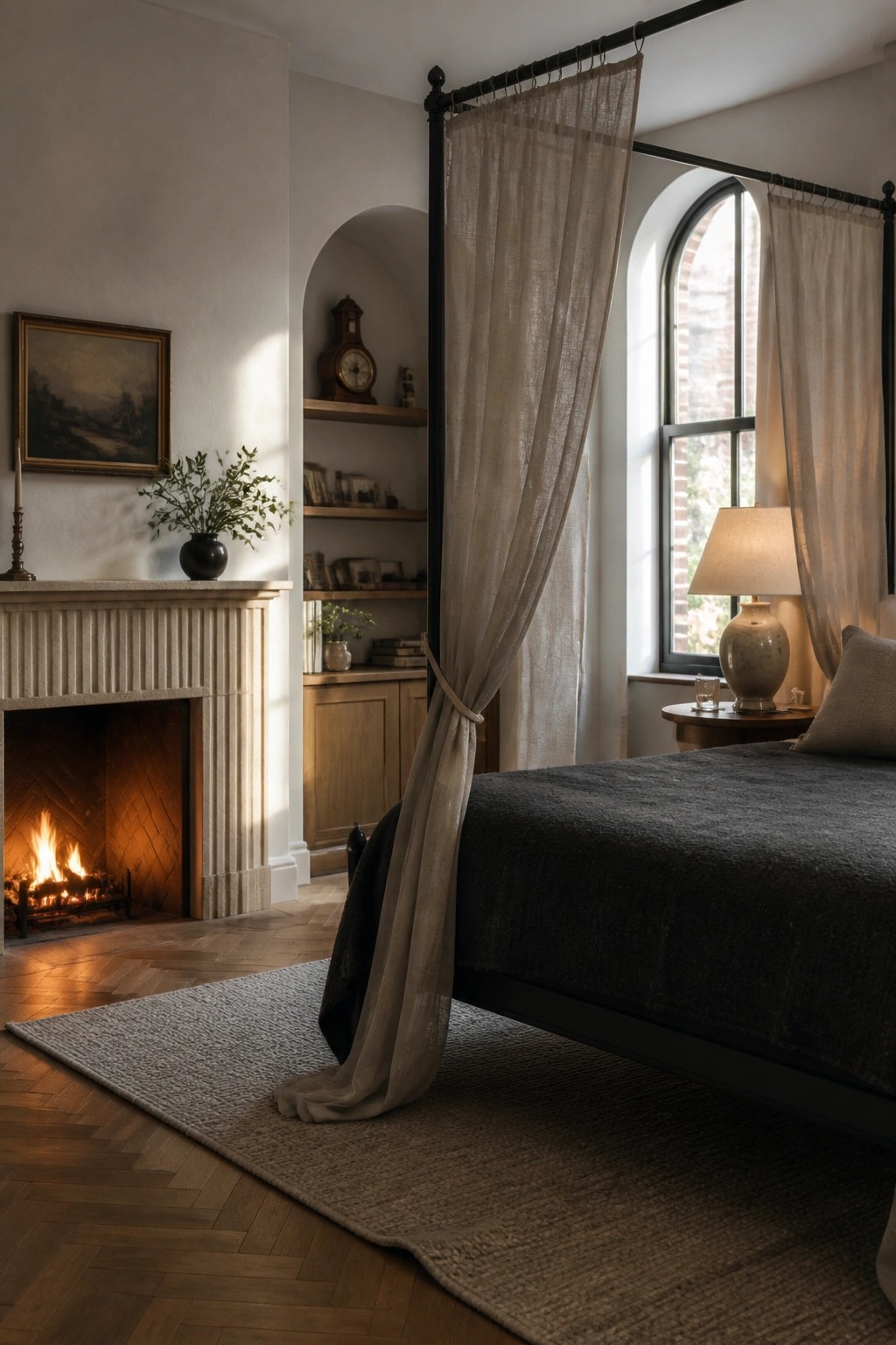 A bedroom interior showing a four-poster bed with sheer beige linen curtains tied to one post, a lit fireplace on the left wall, and an arched alcove with wooden shelves.