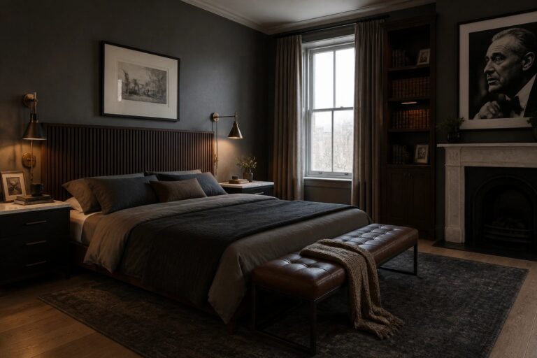 25 Refined Gentleman Bedroom Ideas for a Quiet Luxury Aesthetic A bedroom with dark gray walls, a wooden bed with white and gray bedding, a brown leather bench at the foot, built-in bookshelves, and a fireplace on the right.