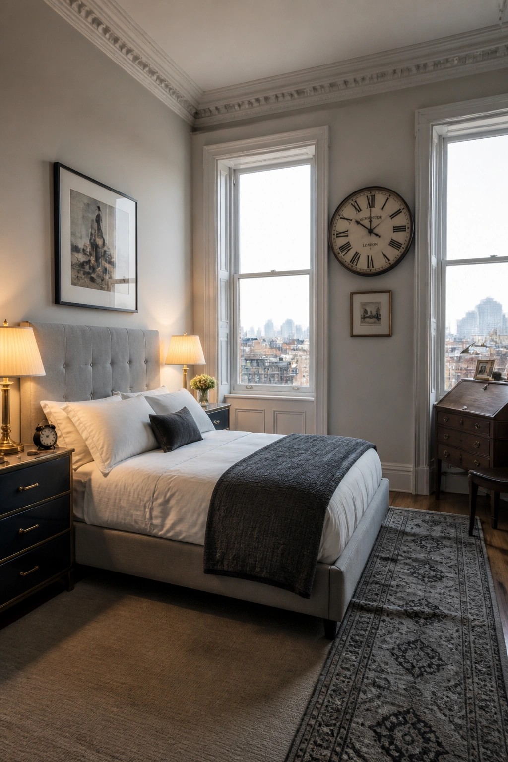 Elegant bedroom with upholstered bed, large clock, wooden desk, and city windows.