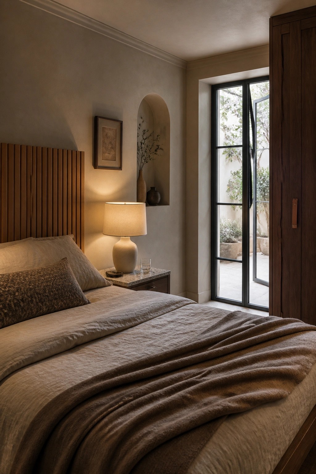 A bedroom with a wooden slatted headboard, neutral linen bedding, a ceramic lamp on a stone nightstand, and an arched niche in a beige wall next to an open glass door.