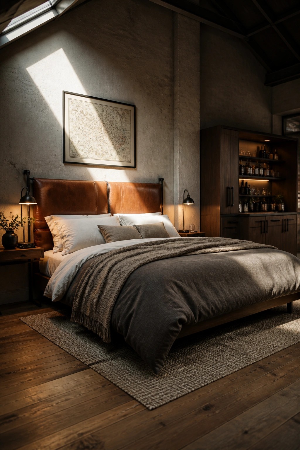 A bedroom featuring a large bed with a brown leather headboard, layered neutral bedding, wooden nightstands, and a woven rug on dark hardwood floors.