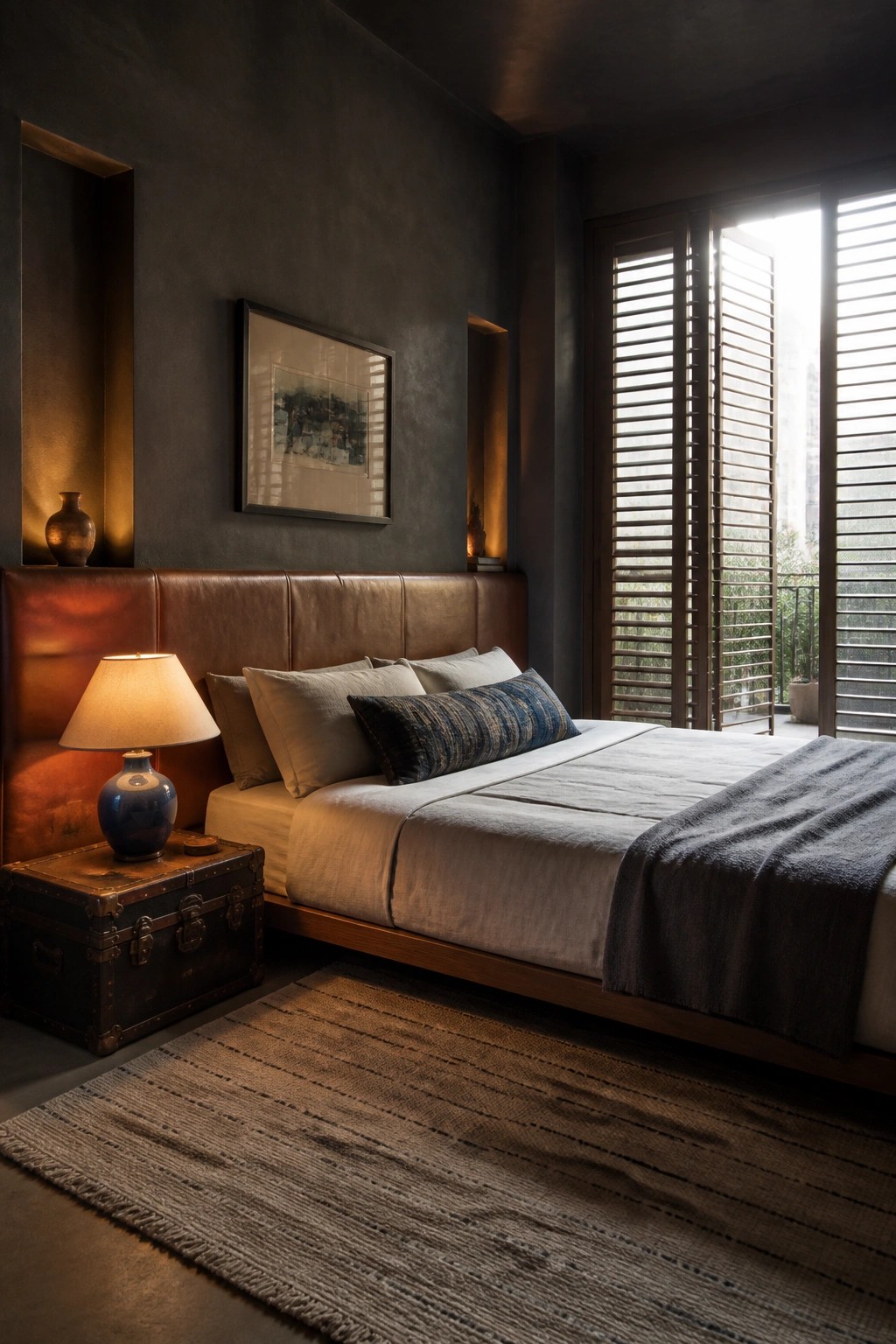 A bedroom with a bed featuring a brown leather headboard, neutral linens, a blue lamp on a vintage trunk nightstand, and a large window with wooden shutters.