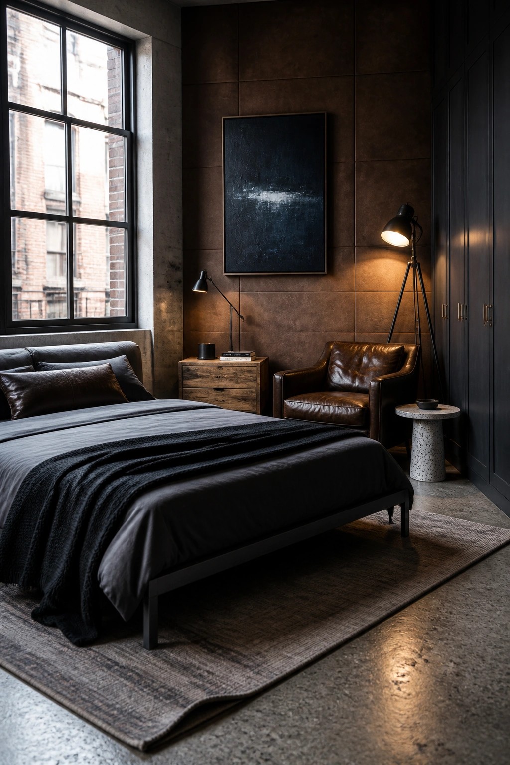 A bedroom with a dark platform bed, black bedding, a brown leather armchair, wooden nightstand, floor lamp, and large black-framed window.