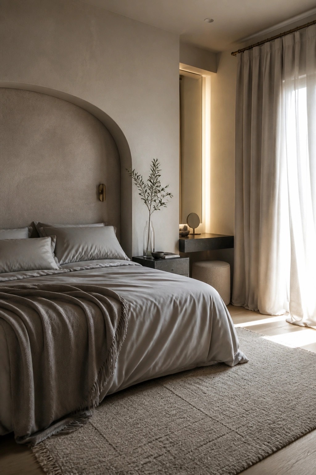 A bedroom with a bed dressed in neutral linens placed inside a large textured arched alcove, with a dark vanity and sheer curtains on the right side.