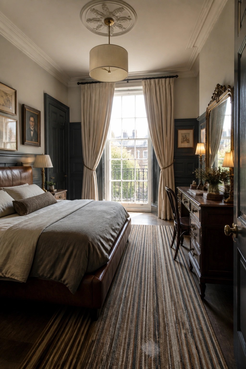 Luxurious bedroom with leather bed, striped rug, and sunlit window.