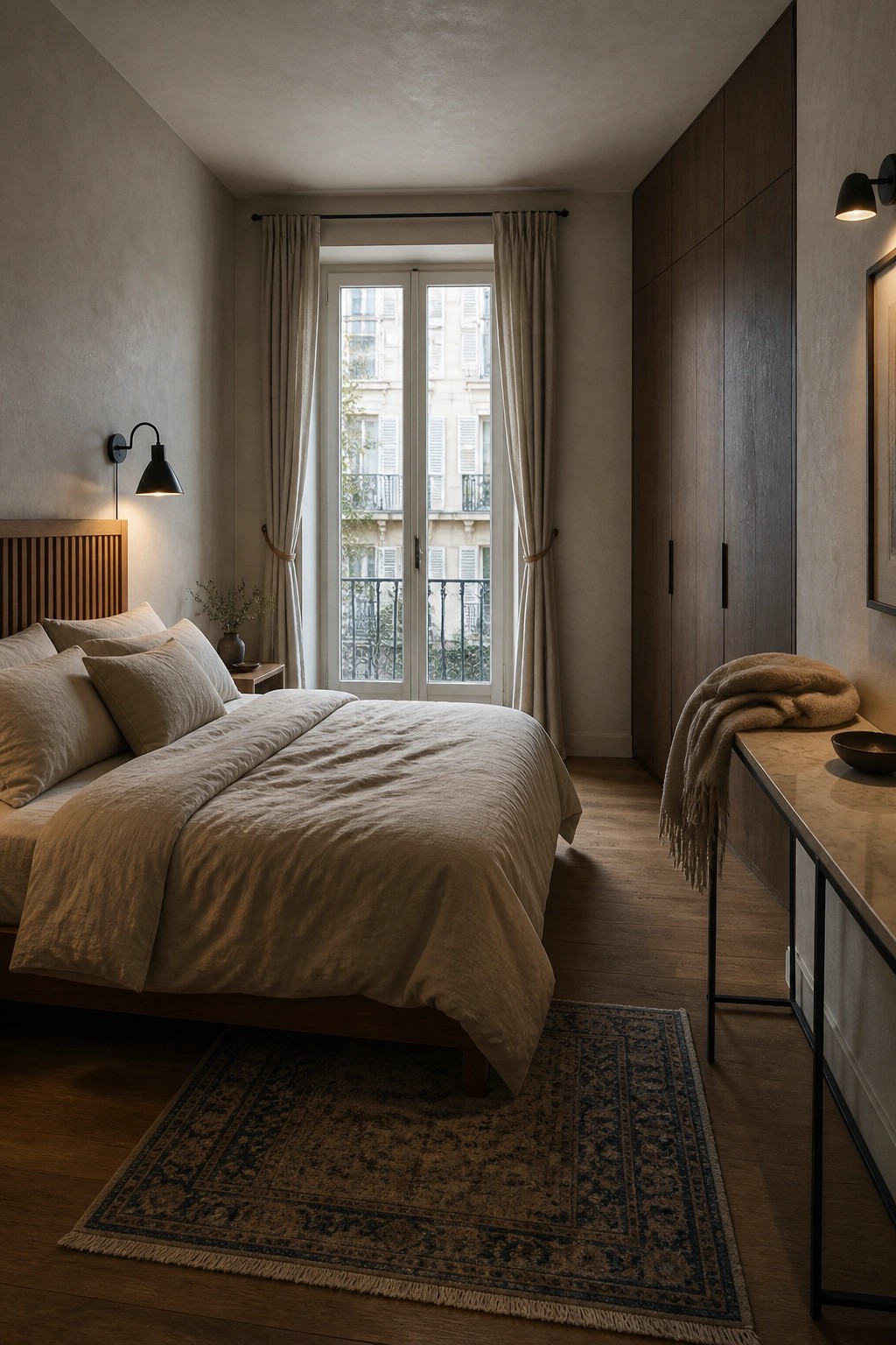 A bedroom featuring a large dark wood wardrobe along one wall, a wooden bed with beige linens, a patterned rug, and a window with floor-length curtains.