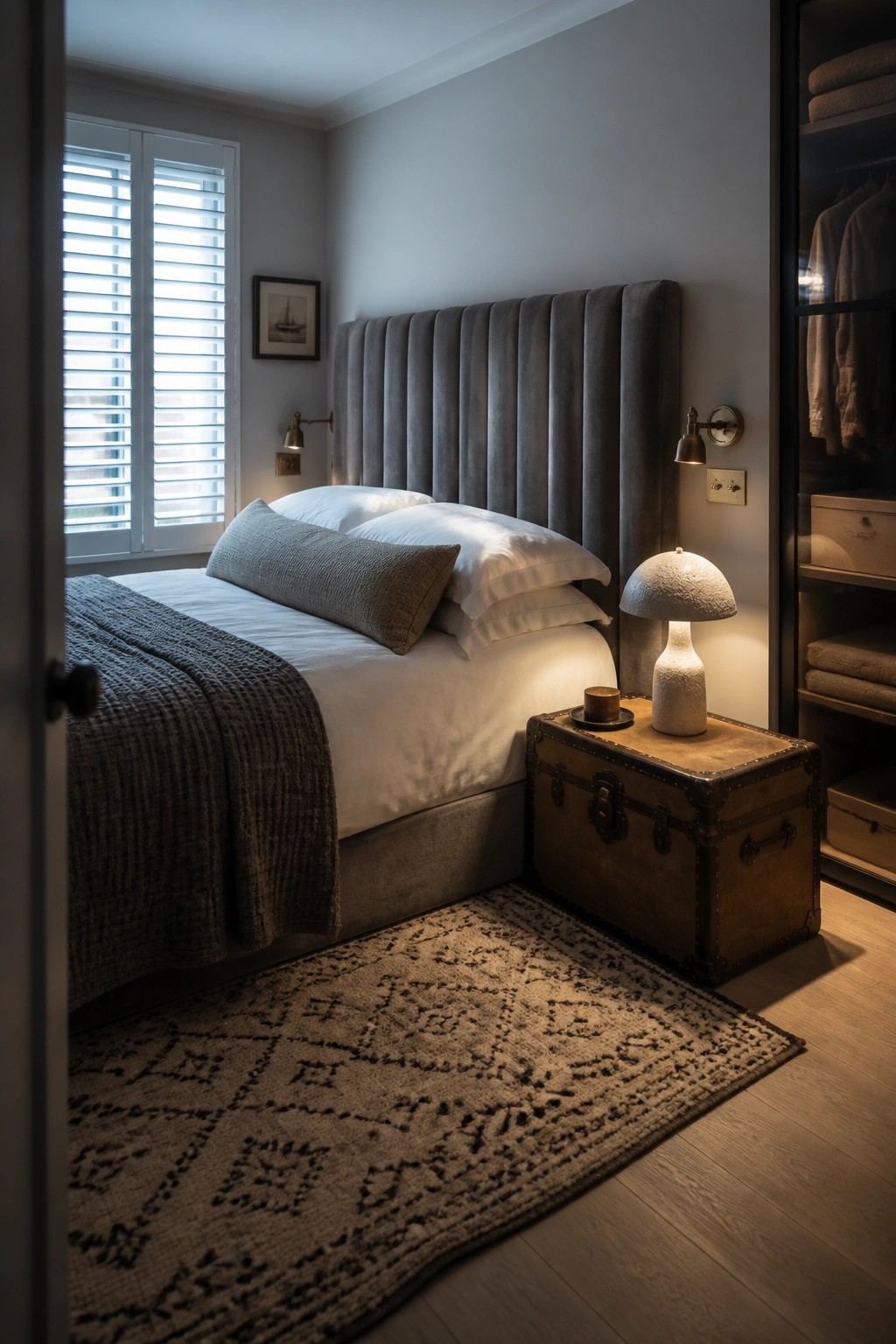 A bedroom with a large gray upholstered bed, white linens, a vintage trunk serving as a nightstand with a lamp on top, and an open closet visible on the right.