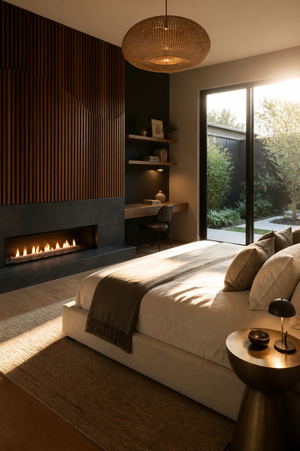 A modern bedroom shows a linear fireplace set into a dark wood slatted wall beside a bed with neutral bedding and a floating desk area.