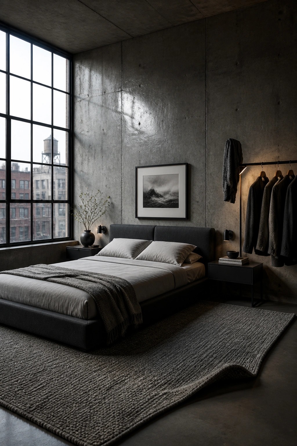 Industrial bedroom with concrete walls, gray bed, large window, and clothing rack.
