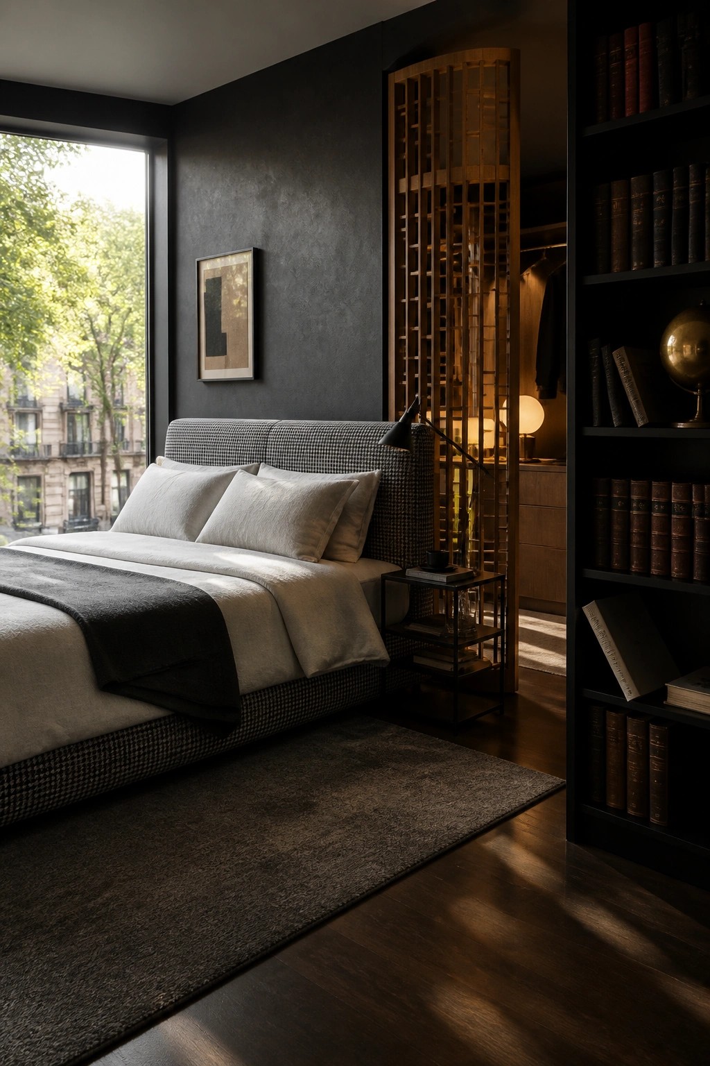 A bedroom with a large bed against a dark wall, light bedding, a tall black bookshelf filled with books on the right, and a wooden slatted screen nearby.