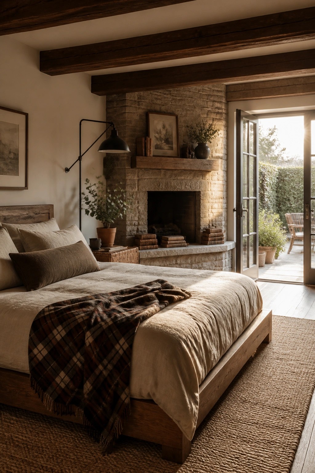A bedroom featuring a wooden bed with neutral bedding and a plaid throw facing a large stone fireplace, with exposed ceiling beams and open French doors leading outside.