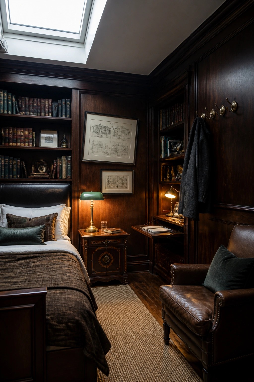 A bedroom with dark wood built-in bookshelves filled with books, a bed with brown bedding, a leather armchair, and framed architectural prints on the wall.