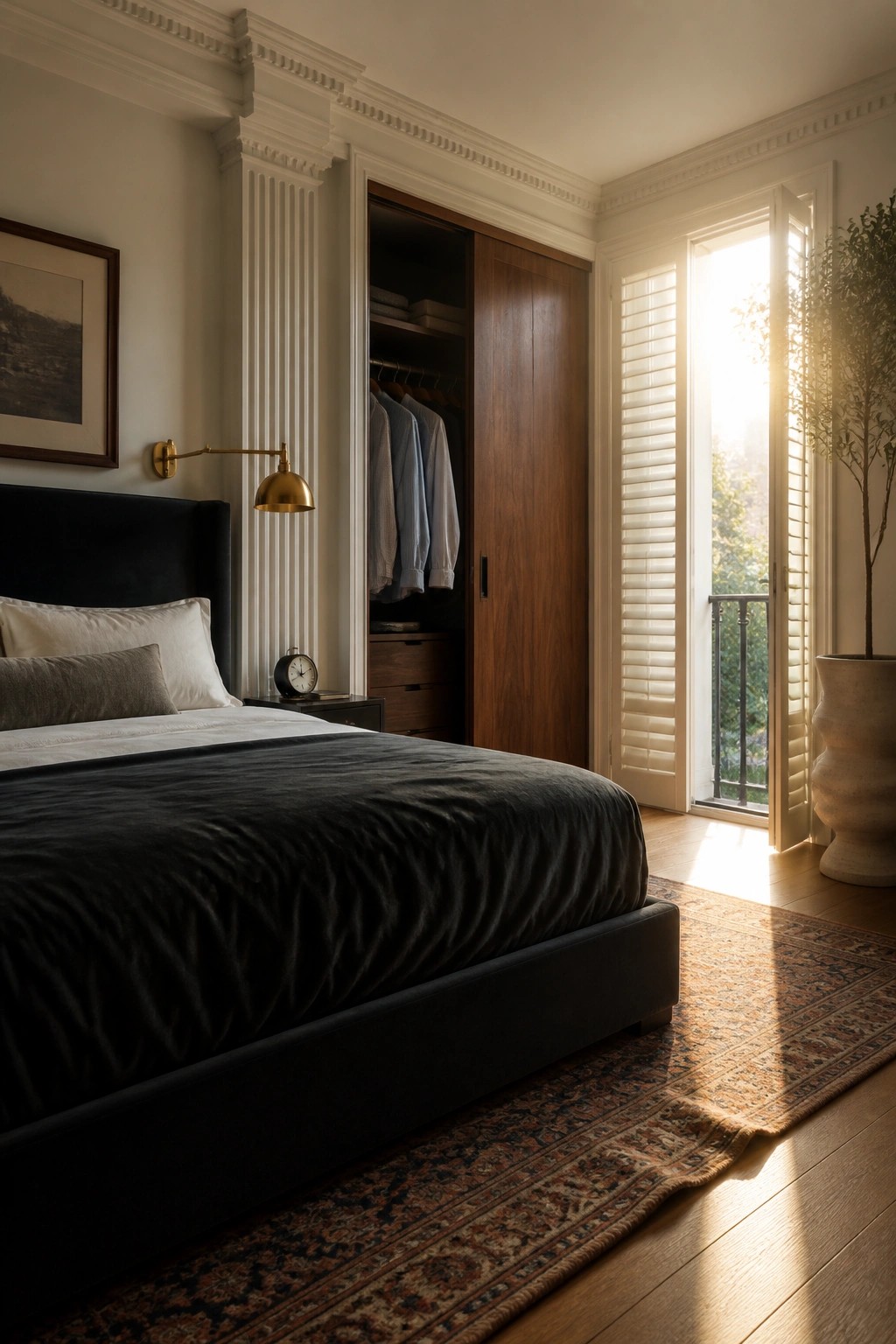 A bedroom interior showing a dark upholstered bed, patterned rug on wood flooring, and a built-in closet with dark wood doors partially open to reveal hanging shirts beside a window with white shutters.
