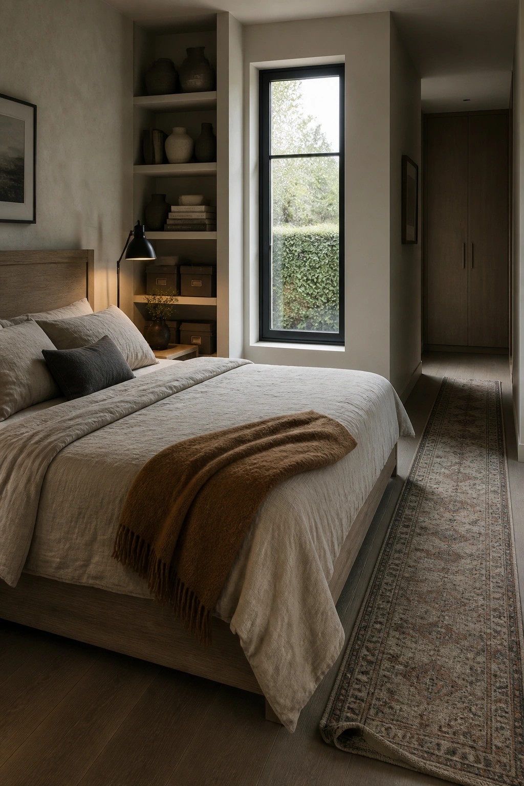 A bedroom with a wooden bed, neutral bedding, built-in shelves filled with books and boxes beside a tall window, and a long patterned rug on the floor.