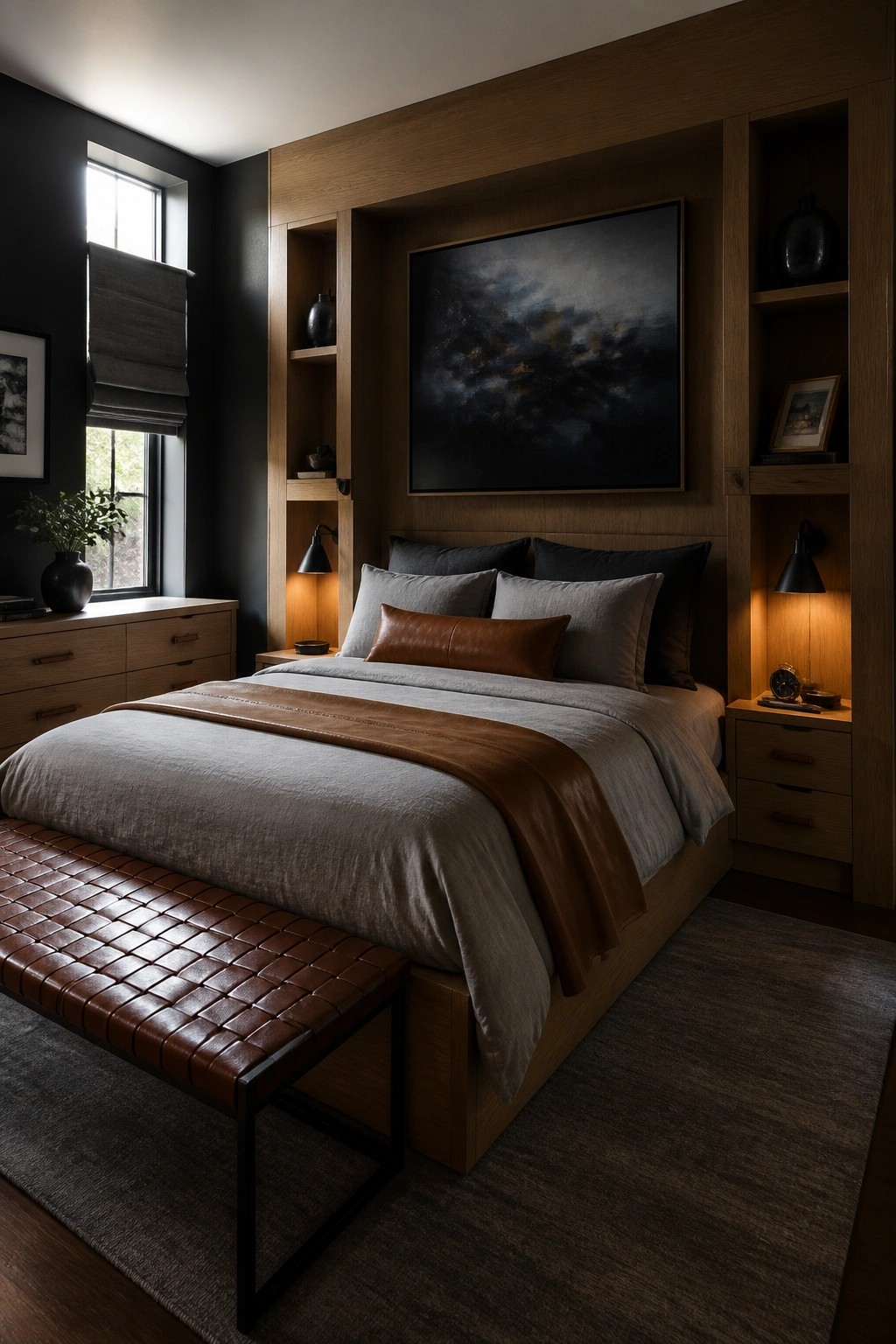 A bedroom with a bed set into a dark wood built-in wall featuring side shelves, wall sconces, and a large abstract painting above the headboard.