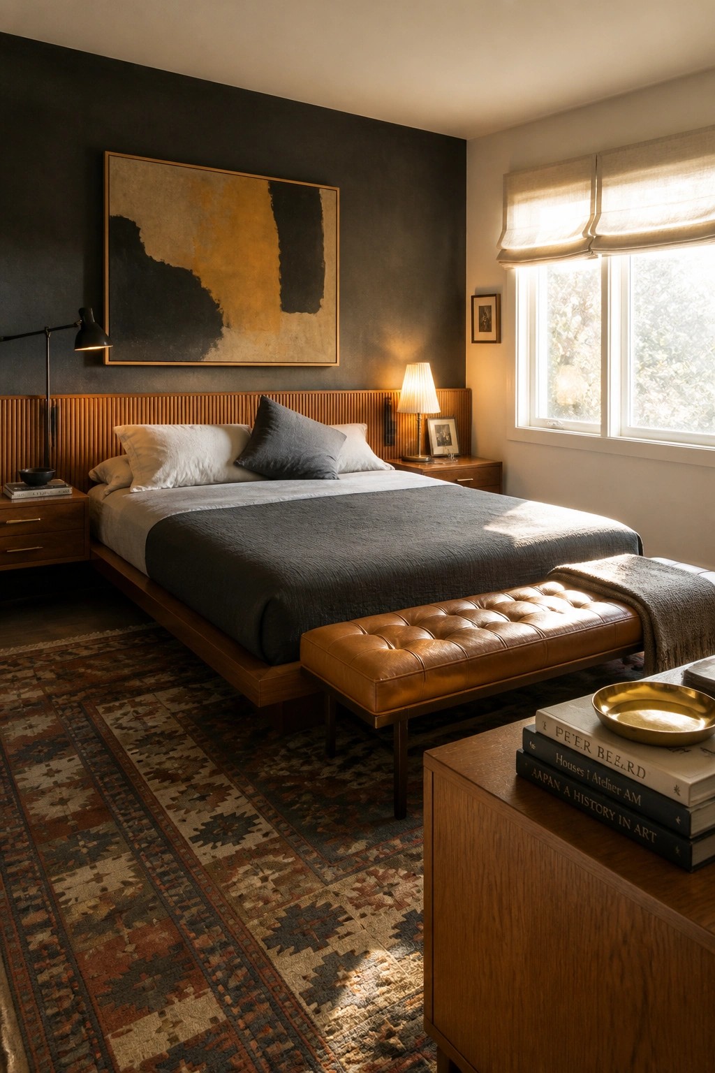 A bedroom with a dark gray accent wall behind a wooden platform bed dressed in gray bedding, a brown leather bench at the foot, nightstands with lamps, and a large abstract painting above the bed.
