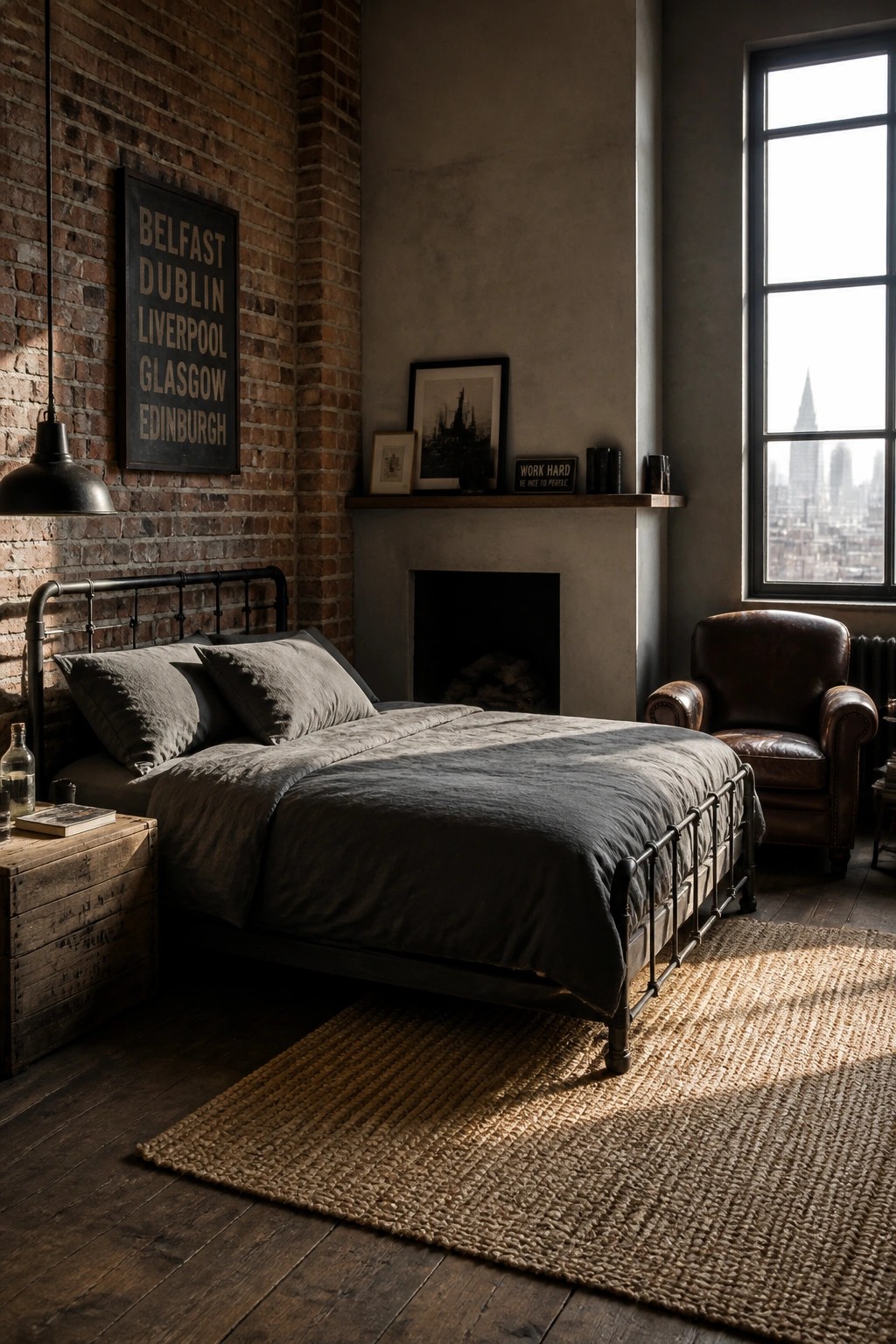Industrial bedroom with metal bed, brick wall, leather chair, and city view window.