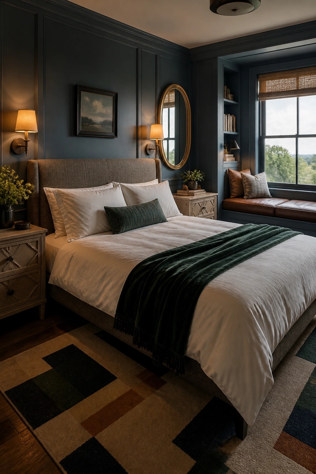 A bedroom featuring dark blue paneled walls, a bed with white linens and a dark green throw, wooden nightstands, an oval mirror, and a window with a built-in leather seat.