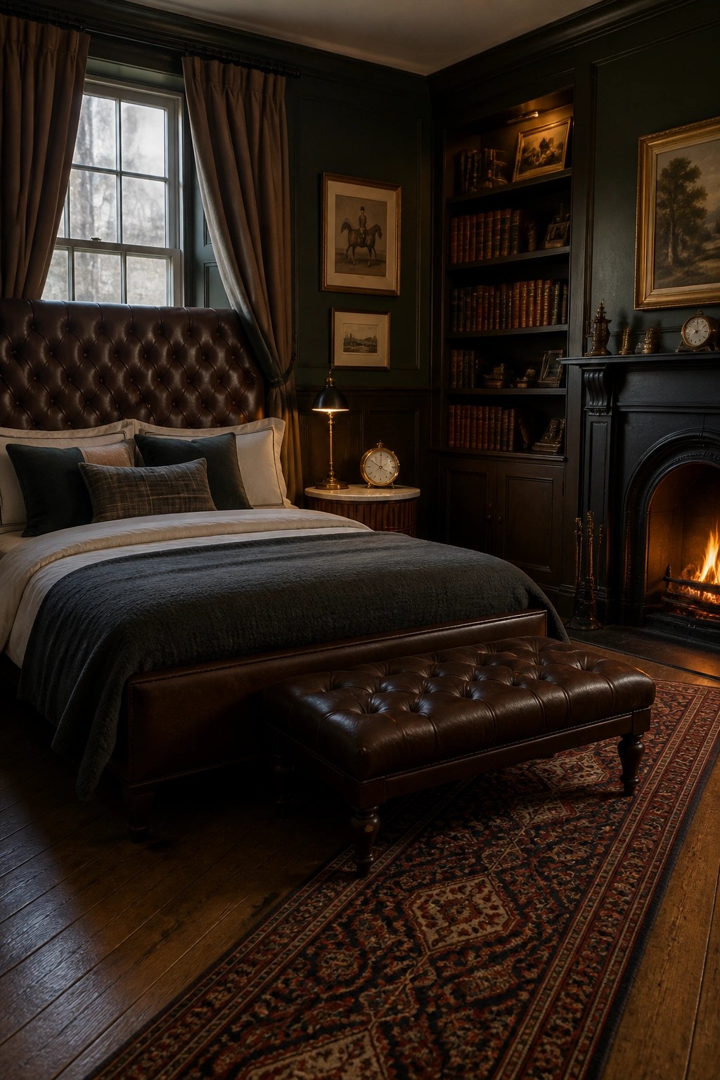 A bedroom interior with a large bed having a tufted brown leather headboard, matching foot bench, dark green walls, built-in bookshelves, and a lit fireplace.