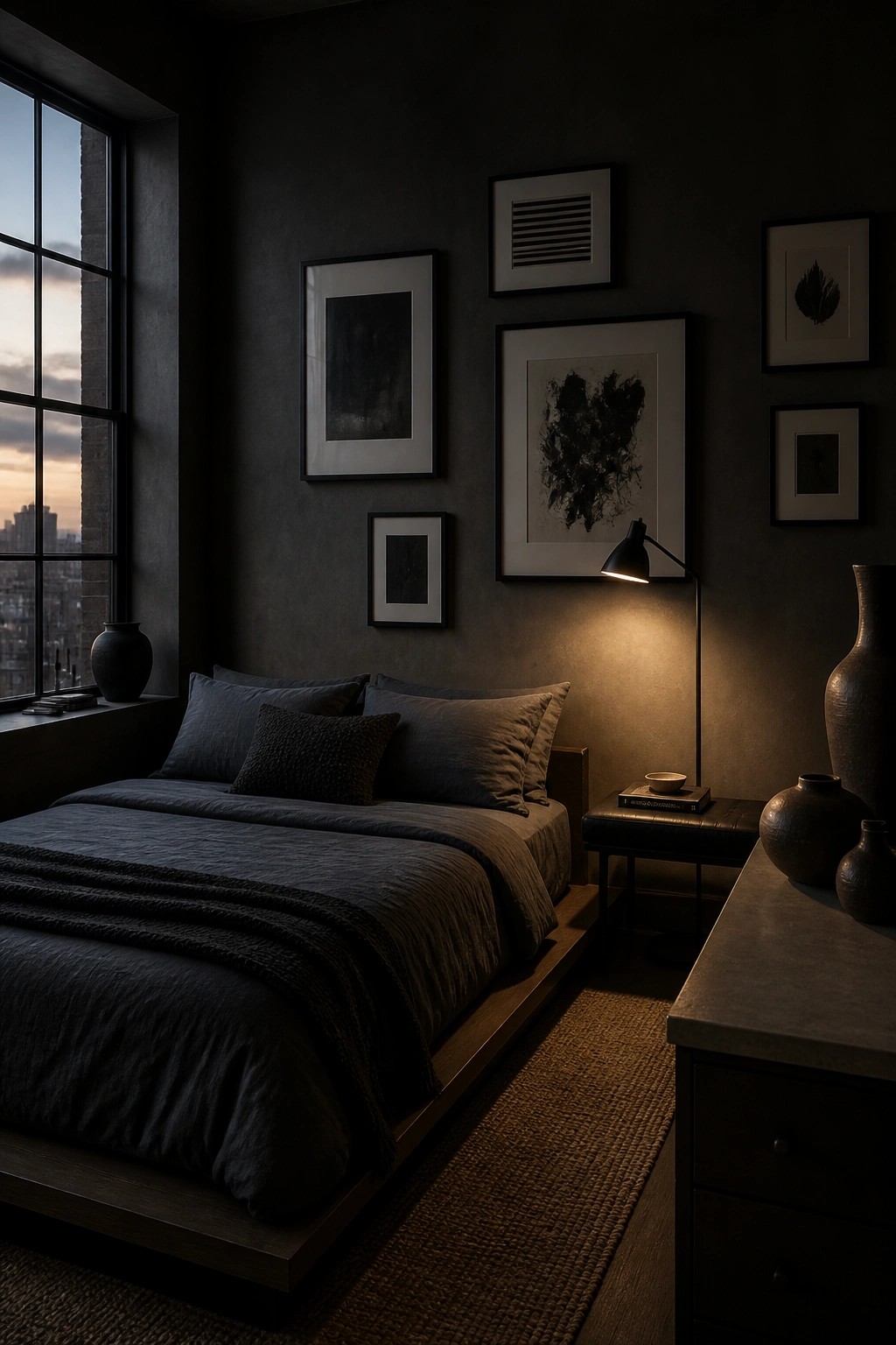A dimly lit bedroom with dark gray walls, a low wooden platform bed dressed in dark gray bedding, a gallery wall of framed black and white art, and a lit black desk lamp on a side table next to the bed.