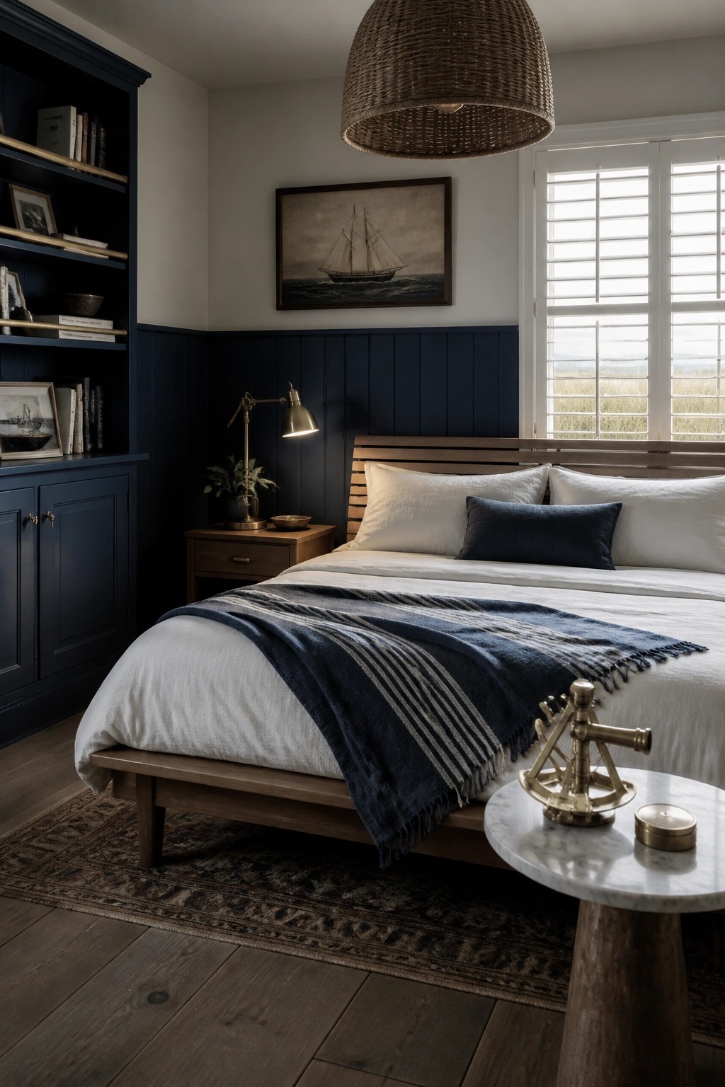 A bedroom with dark blue wainscoting on the lower walls, a wooden bed frame, white bedding with a navy throw, and built-in shelving on the left side.