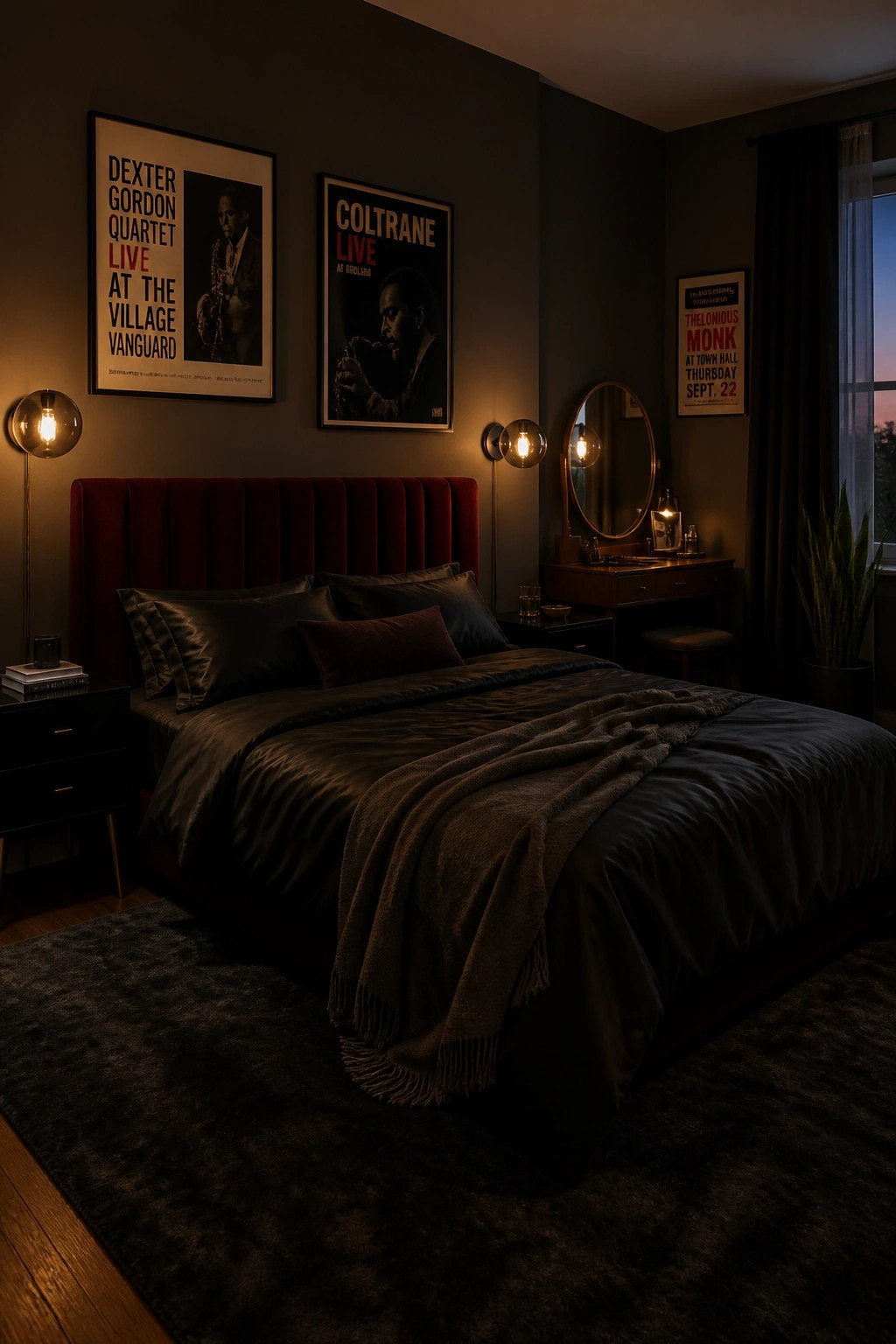 Moody bedroom with red velvet bed, jazz posters, and warm lighting.