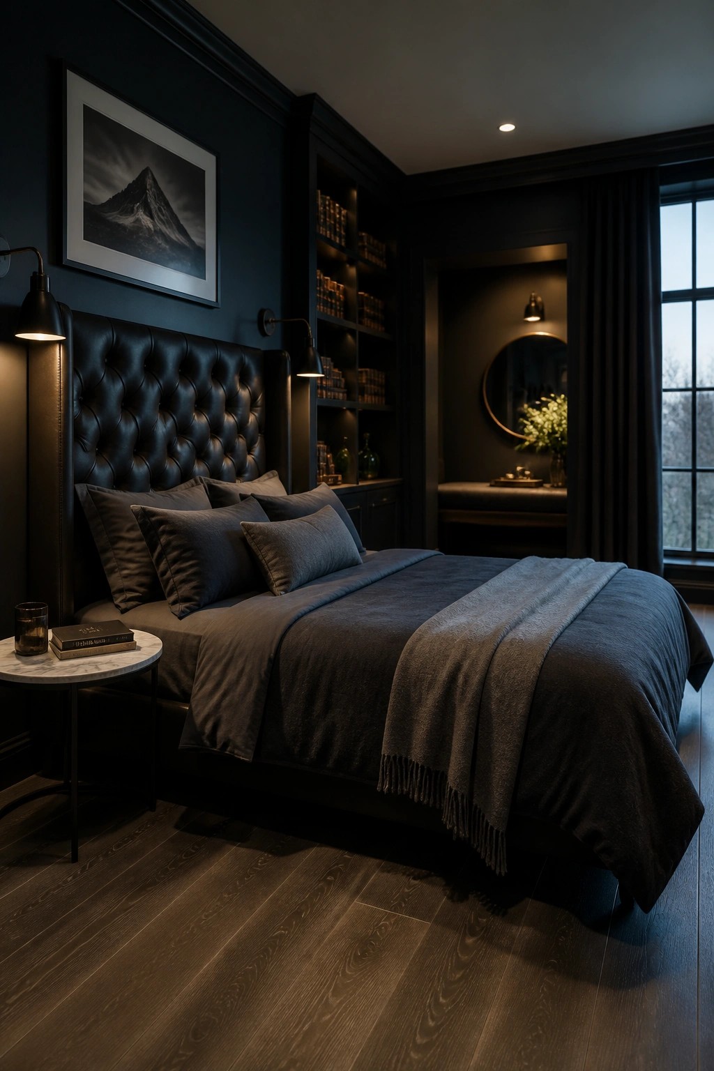 A dimly lit bedroom with dark navy walls, a large black tufted headboard, built-in bookshelves, and a gray bedspread.